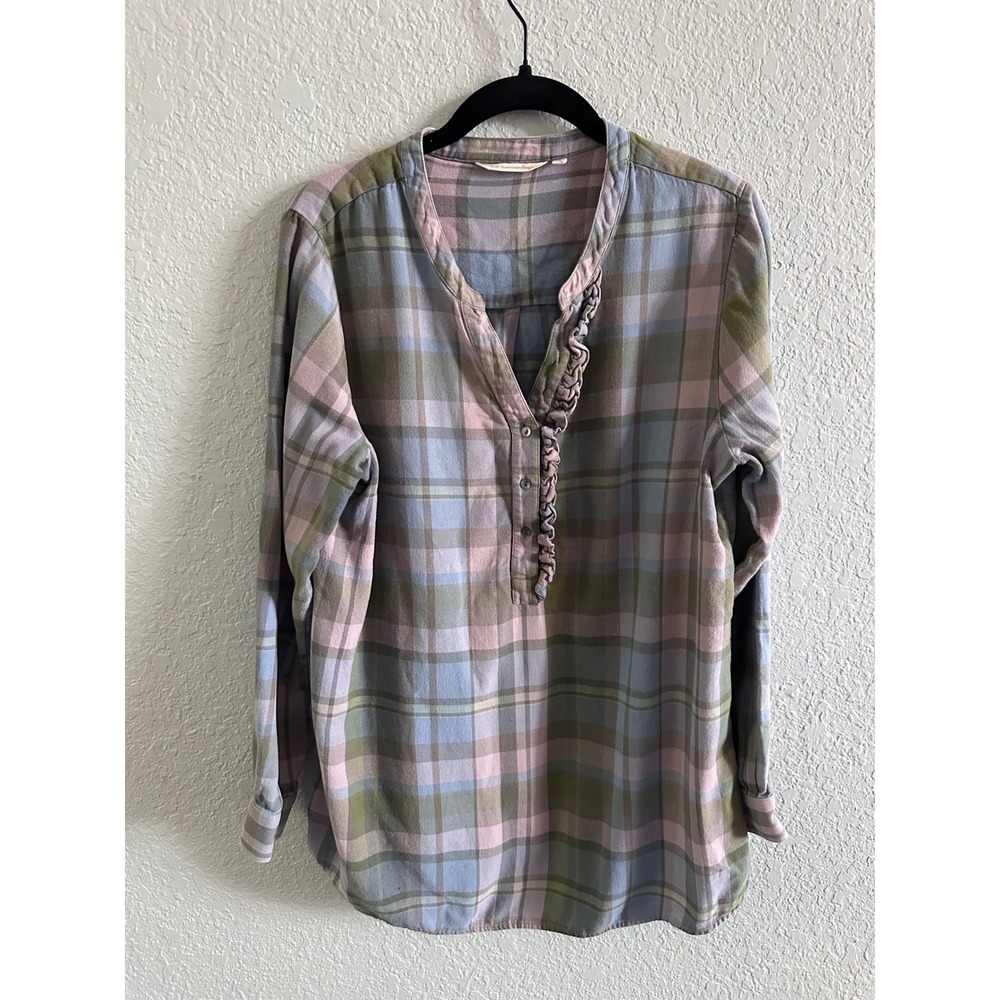 Soft Surroundings Womens Plaid Ruffle Tunic Top M Pink Blue Cotton 2AM79